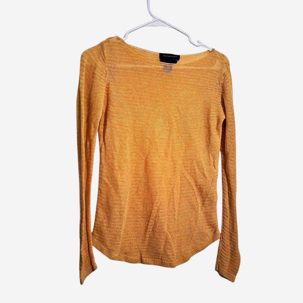 Tahari Sweater Women S Gold Linen Knit Long Sleeve Boat Neck Casual Fall Chic